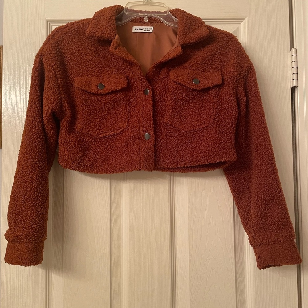 SHEIN Brown Teddy Jacket Cropped Retro Style